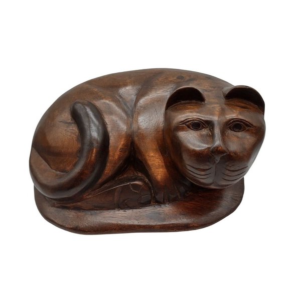 Cat Wood Hand Carved Large Vintage Heavy